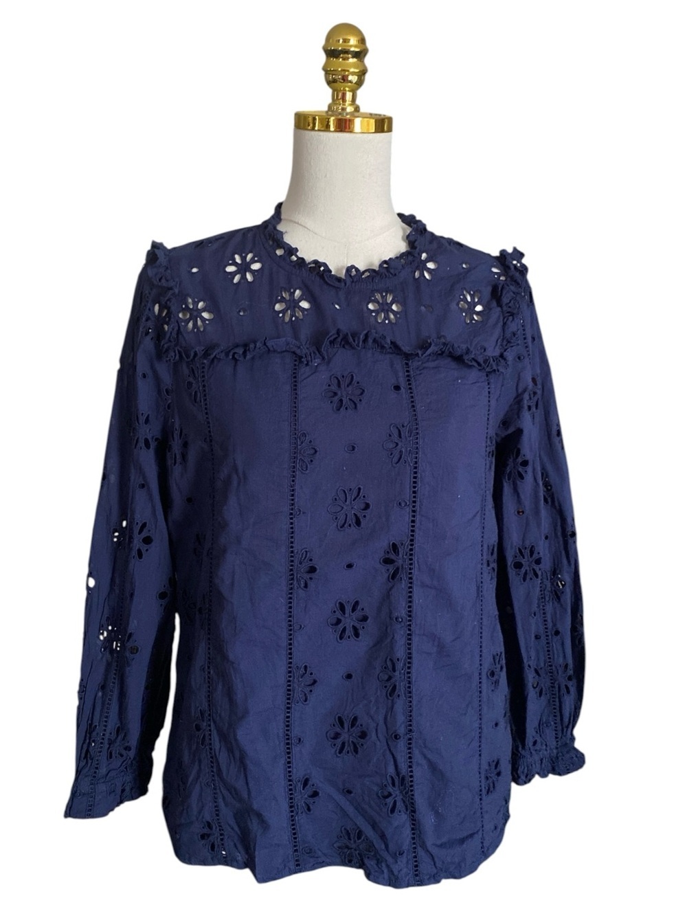 J. Crew Navy Ruffle Neck Eyelet Lace Long Sleeve Blouse Size Small